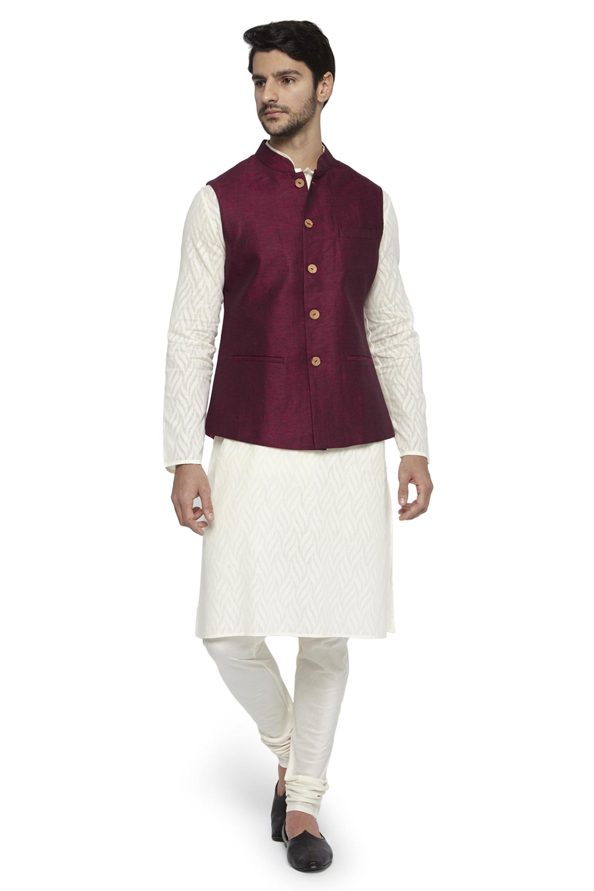 Back view of men's maroon Nehru jacket vest, highlighting vibrant festive wedding guest style.