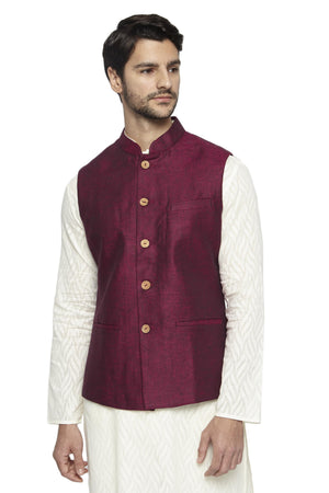 Front view of Ethnix men's maroon Nehru jacket vest, highlighting vibrant festive wedding guest style.