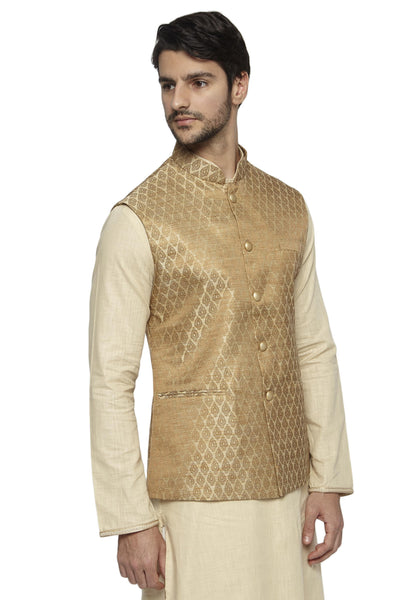Angled front view of men's motif-print Nehru jacket vest, highlighting ethically made wedding guest style.