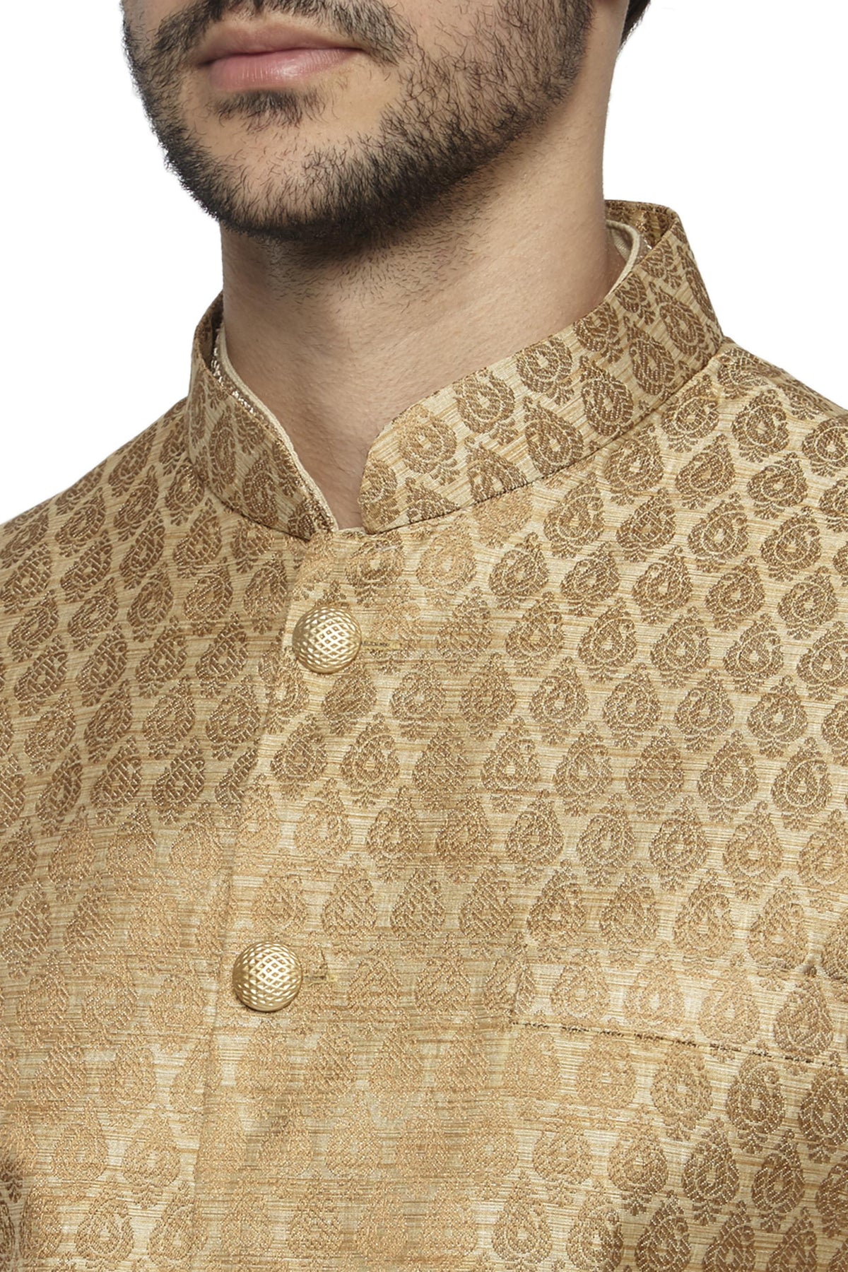 Back view of men's motif-print Nehru jacket vest, highlighting ethically made wedding guest style.