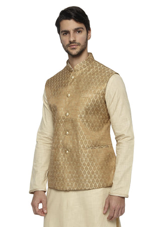 Front view of Ethnix men's motif-print Nehru jacket vest, highlighting ethically made wedding guest style.
