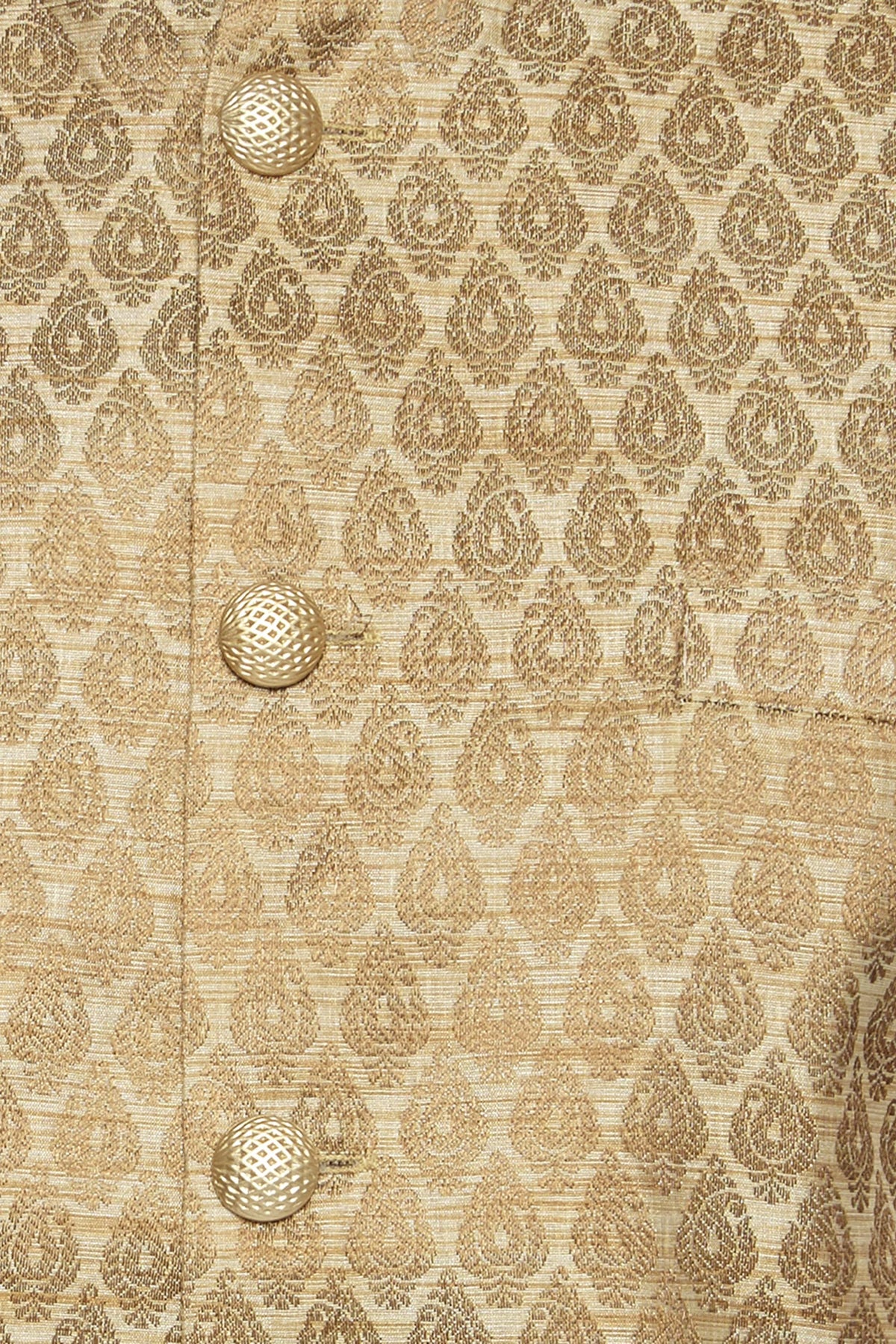 Motif print close-up of men's motif-print Nehru jacket vest, highlighting ethically made wedding guest style.
