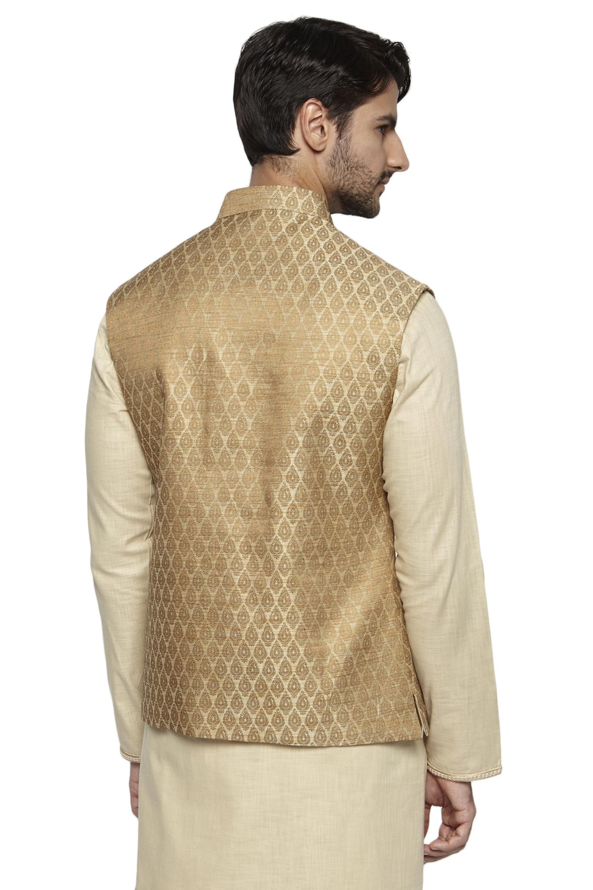 Side profile of men's motif-print Nehru jacket vest, highlighting ethically made wedding guest style.