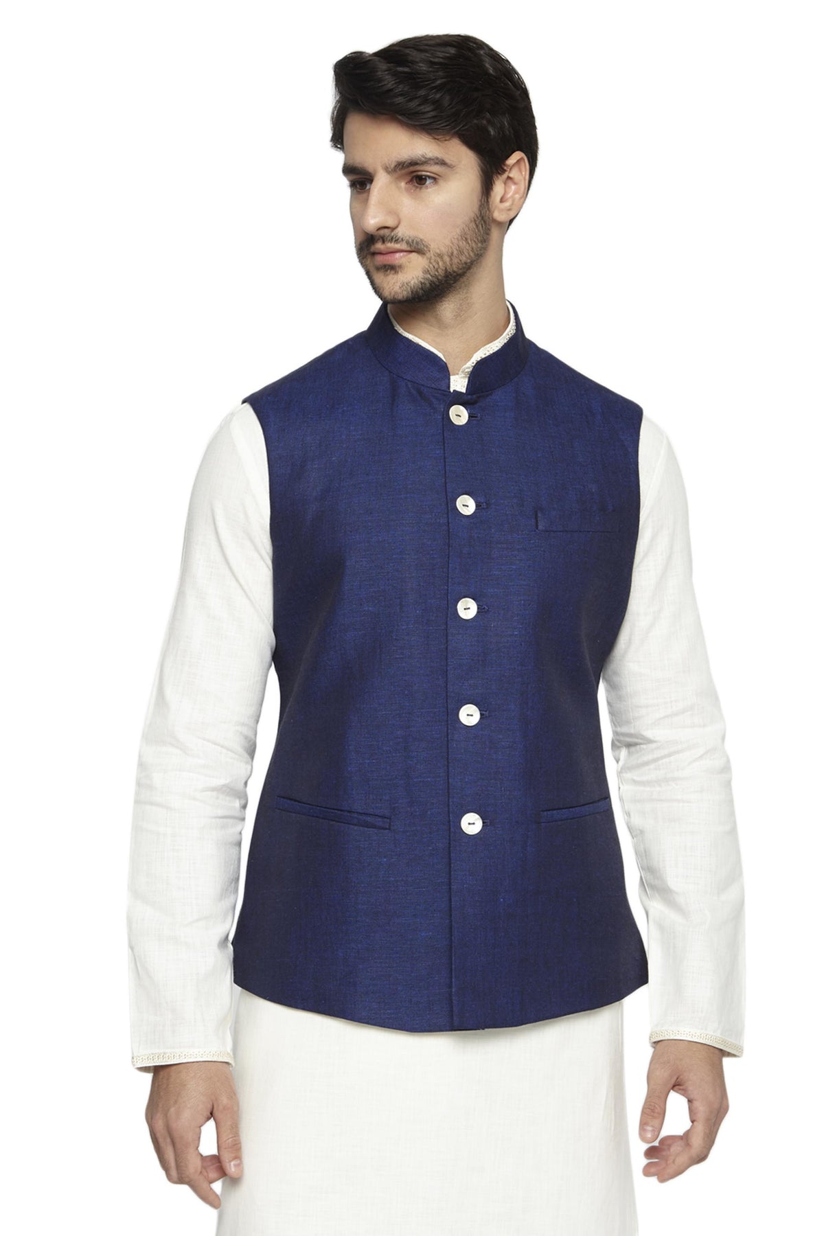 Angled front view of men's navy blue Nehru jacket vest, highlighting a polished festive wedding guest look.