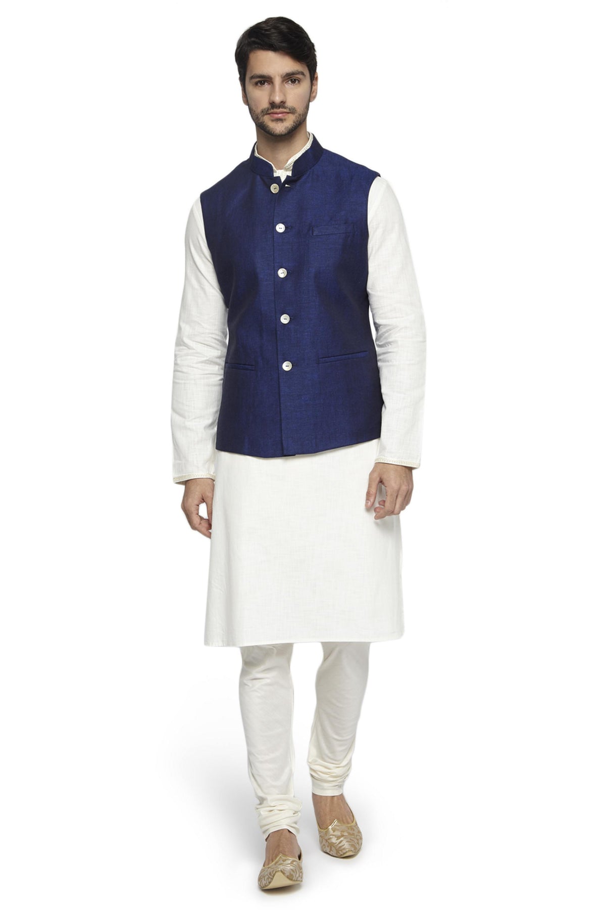 Back view of men's navy blue Nehru jacket vest, highlighting a polished festive wedding guest look.