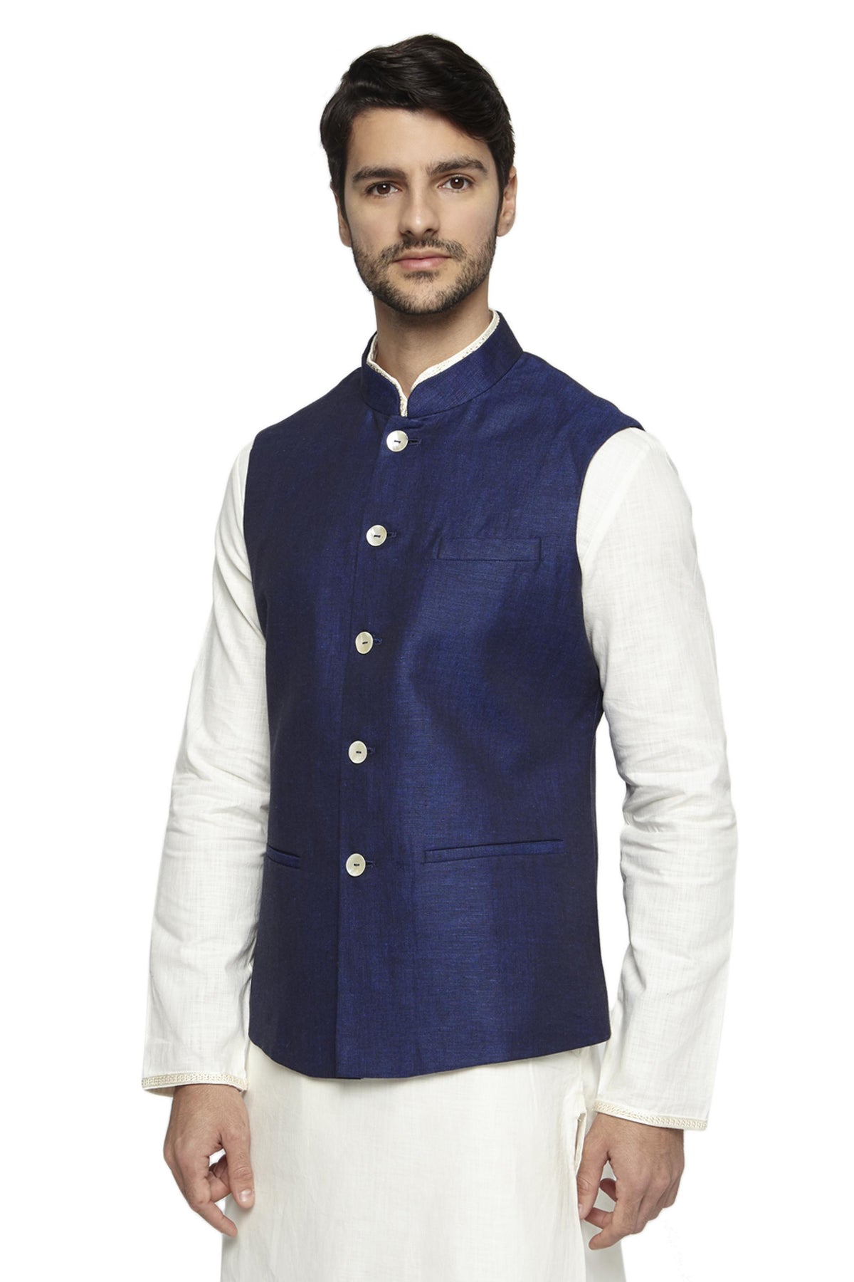 Front view of Ethnix men's navy blue Nehru jacket vest, highlighting a polished festive wedding guest look.