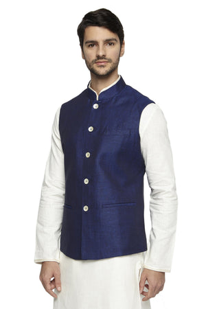 Front view of Ethnix men's navy blue Nehru jacket vest, highlighting a polished festive wedding guest look.