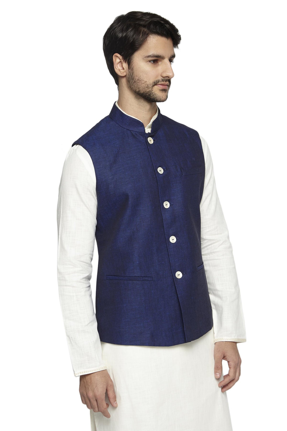 Side profile of men's navy blue Nehru jacket vest, highlighting a polished festive wedding guest look.