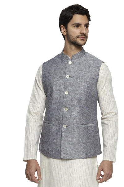 Angled front view of men's steel gray Nehru jacket vest, highlighting refined wedding guest style.