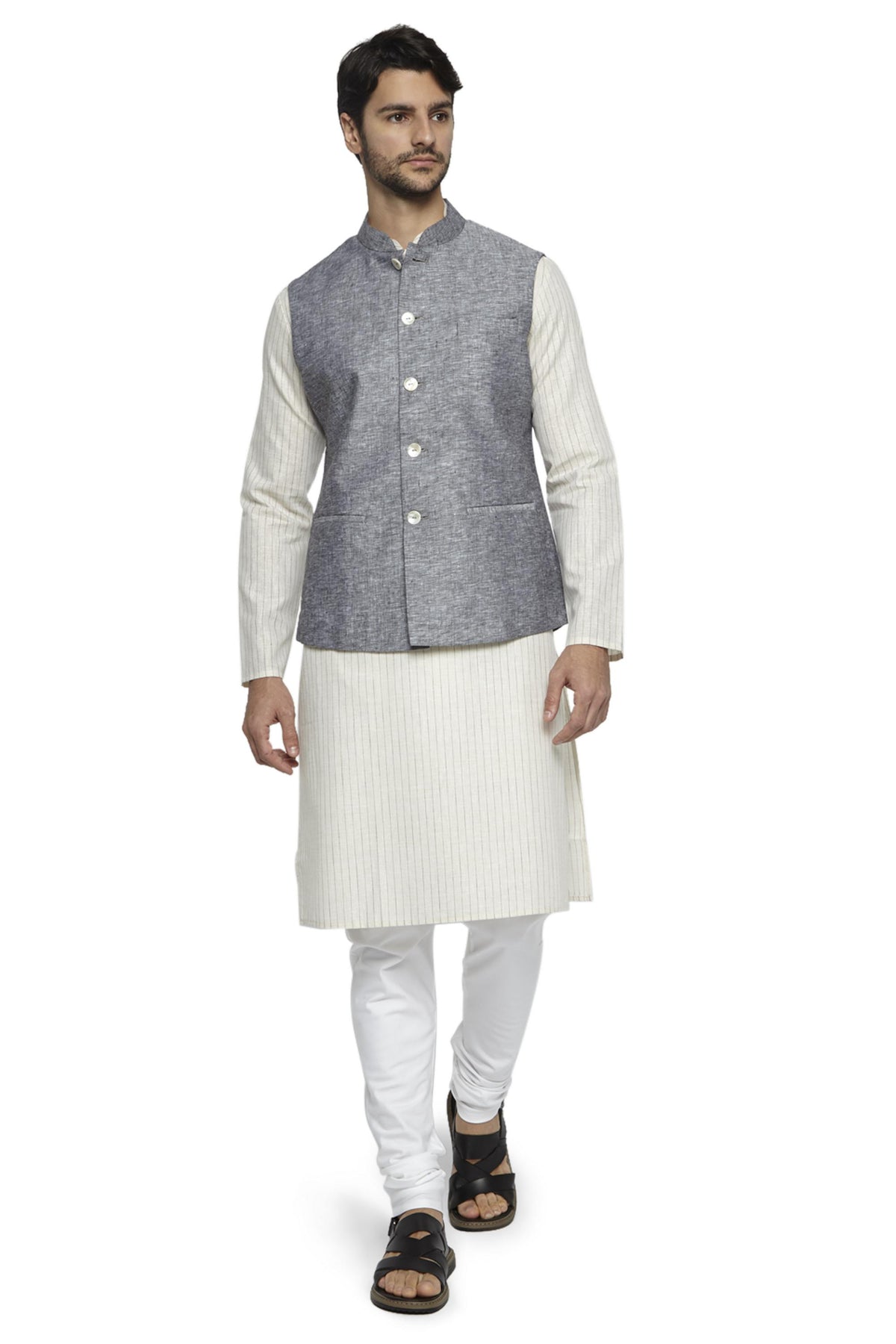 Back view of men's steel gray Nehru jacket vest, highlighting refined wedding guest style.
