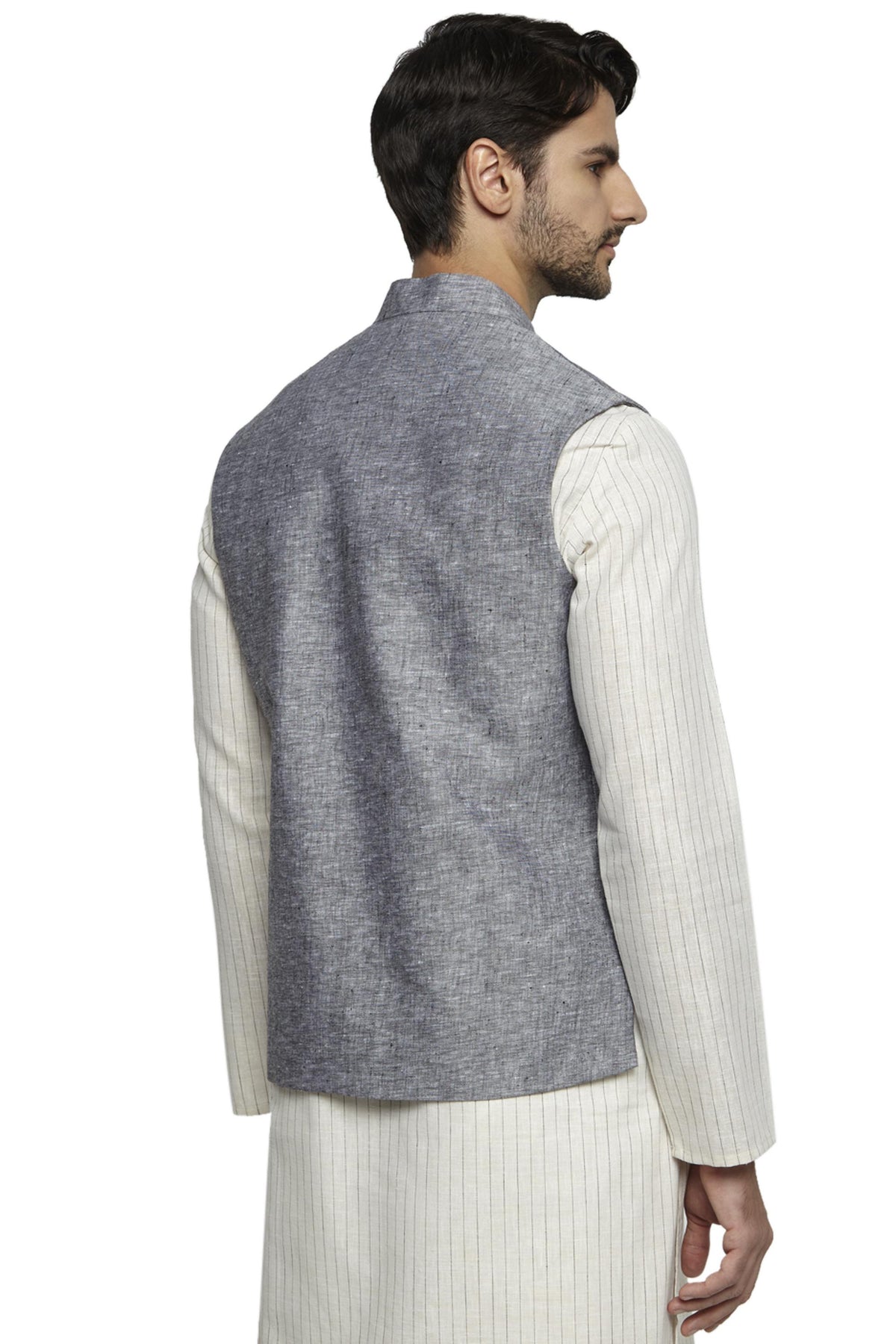 Collar and button close-up of men's steel gray Nehru jacket vest, highlighting refined wedding guest style.
