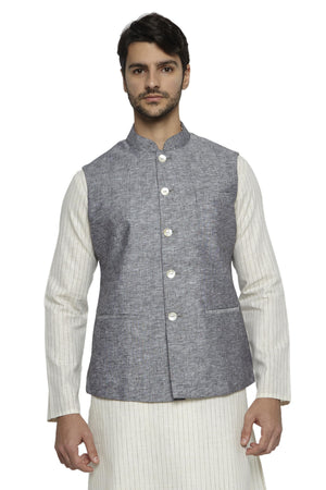 Front view of Ethnix men's steel gray Nehru jacket vest, highlighting refined wedding guest style.
