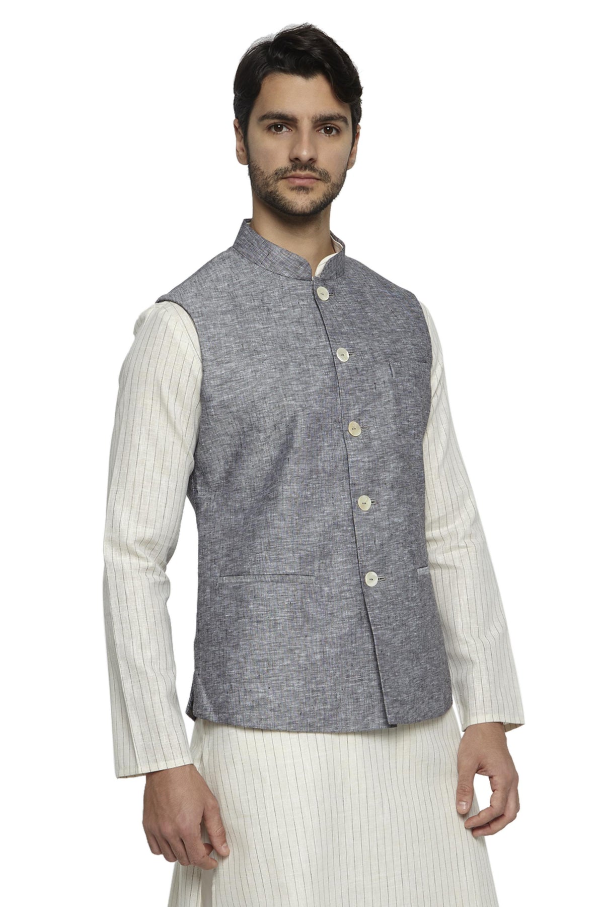 Side profile of men's steel gray Nehru jacket vest, highlighting refined wedding guest style.