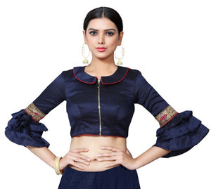 In-Sattva Women's Silk Lace Ruffle Round Neck Blouse; Admiral Blue
