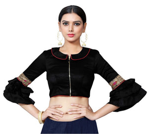 In-Sattva Women's Silk Lace Ruffle Round Neck Blouse; Pitch Black