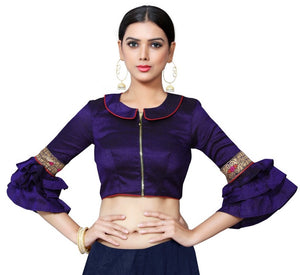 In-Sattva Women's Silk Lace Ruffle Round Neck Blouse; Royal Purple