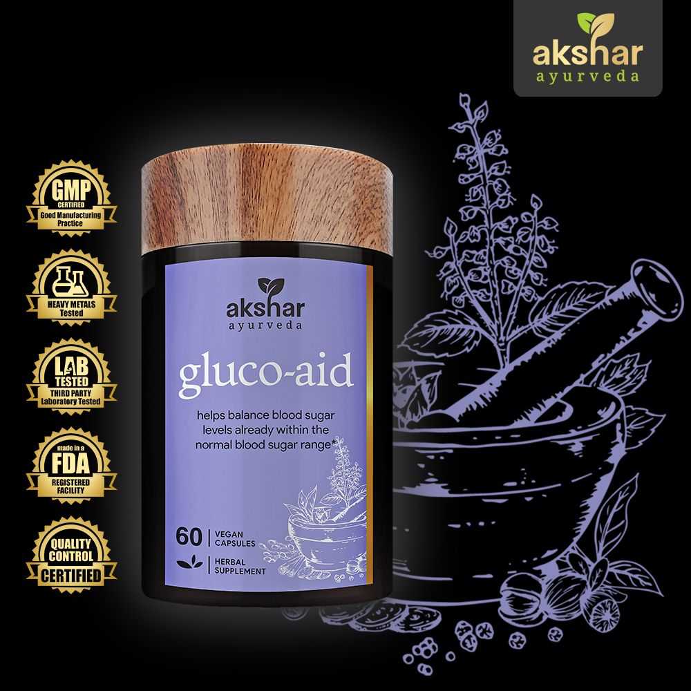 Akshar Ayurveda Gluco-Aid 500mg herbal supplement, 60 vegan tablets with Ayurvedic ingredient and quality certifications