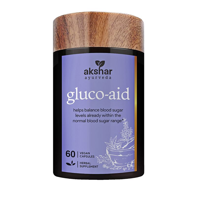Front pack shot of Akshar Ayurveda Gluco-Aid 500mg herbal supplement, 60 vegan tablets