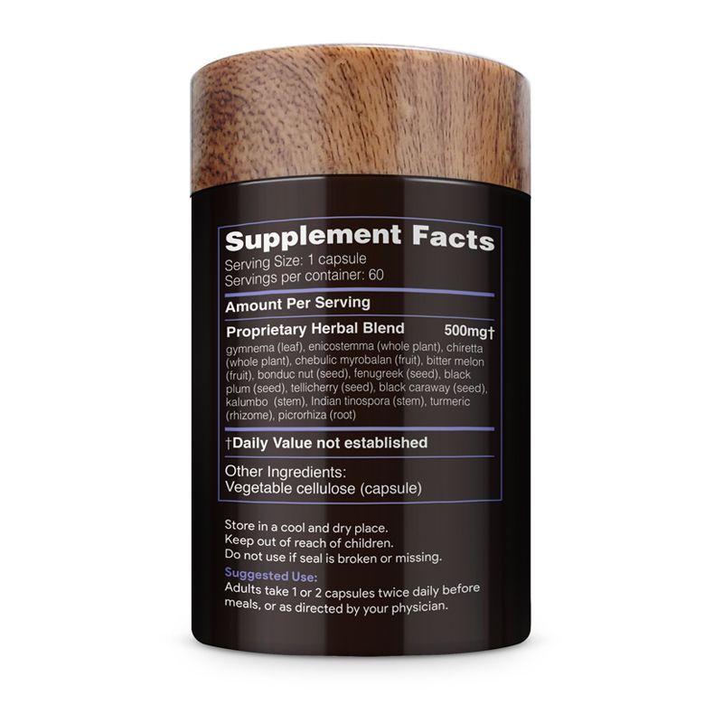 Akshar Ayurveda Gluco-Aid 500mg herbal supplement, 60 vegan tablets Supplement Facts label and usage directions
