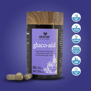 Akshar Ayurveda Gluco-Aid 500mg herbal supplement, 60 vegan tablets with vegan quality certification icons