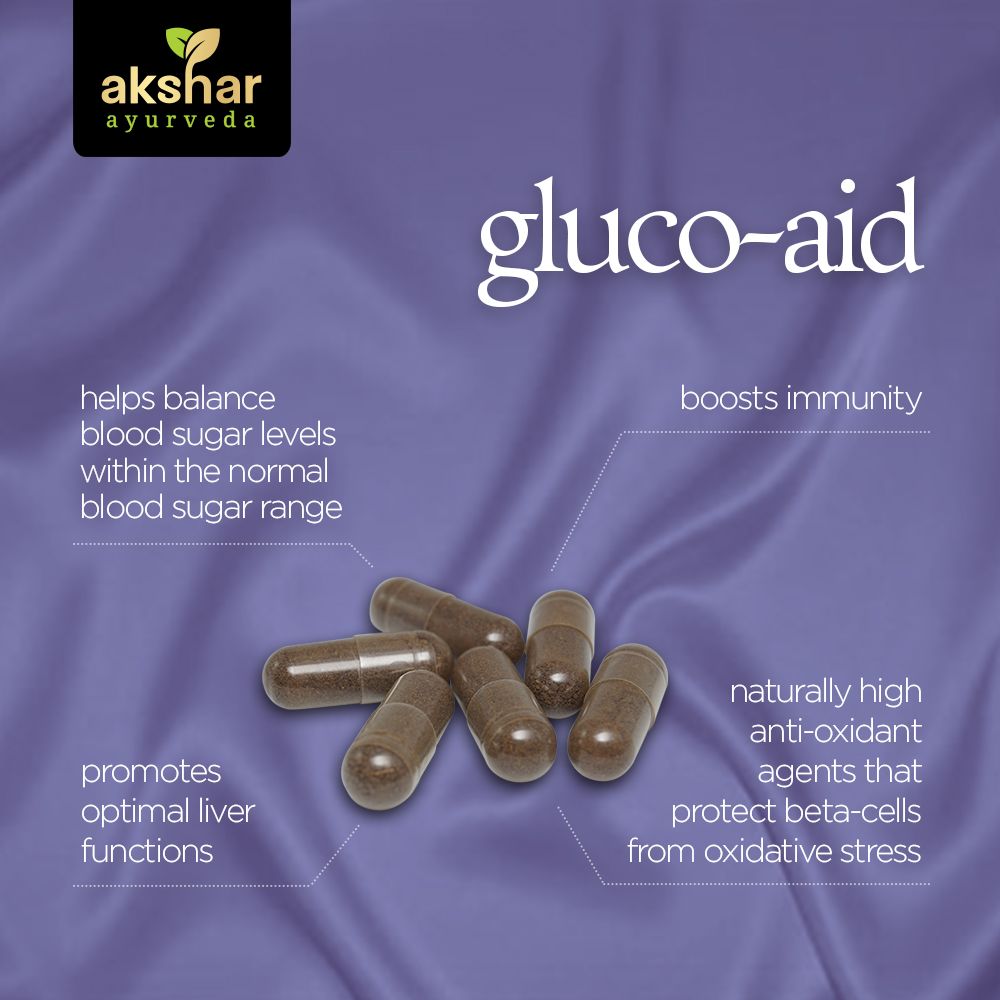 Akshar Ayurveda Gluco-Aid 500mg herbal supplement, 60 vegan tablets benefits infographic for blood sugar and metabolic wellness support