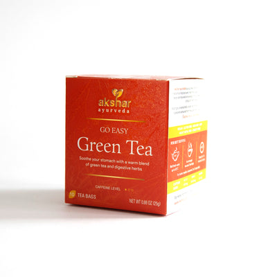 Akshar Ayurveda Go Easy Green Herbal Tea, 10 tea bags retail packaging box, front and side view