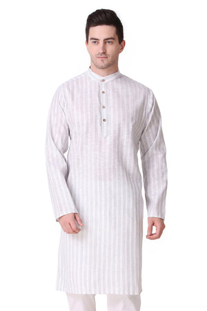 In-Sattva Men's Banded Collar Vintage Cotton Striped Light Grey Long Kurta Tunic | Main Image