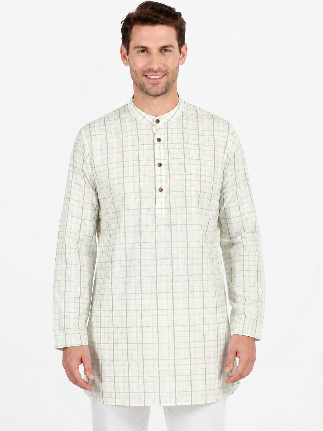 In-Sattva Men's Classic Cotton Checkered Sattva-Collar Thigh-Length Kurta Tunic; Checkered Green