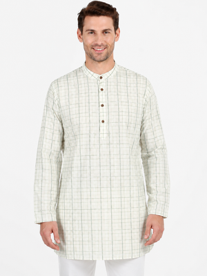 In-Sattva Men's Classic Cotton Checkered Sattva-Collar Thigh-Length Kurta Tunic; Checkered Green