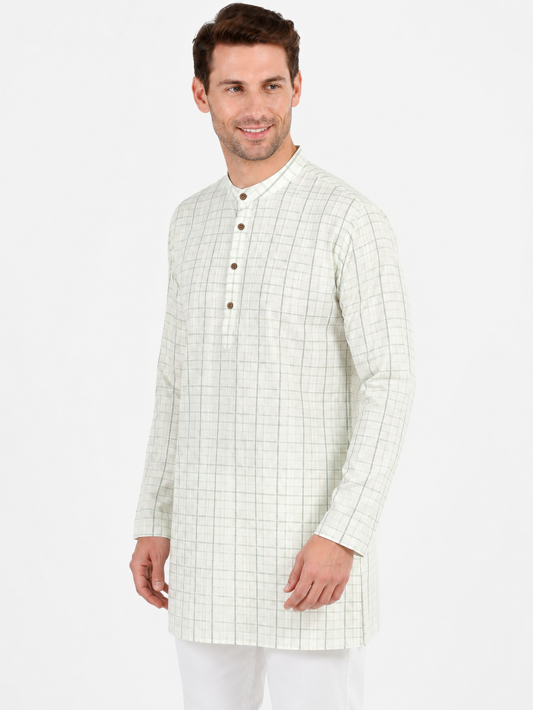 In-Sattva Men's Classic Cotton Checkered Sattva-Collar Thigh-Length Kurta Tunic; Checkered Green