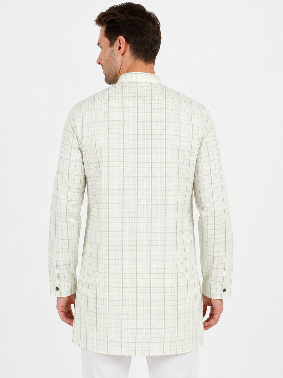 In-Sattva Men's Classic Cotton Checkered Sattva-Collar Thigh-Length Kurta Tunic; Checkered Green