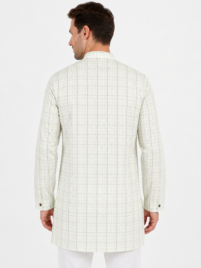 In-Sattva Men's Classic Cotton Checkered Sattva-Collar Thigh-Length Kurta Tunic; Checkered Green