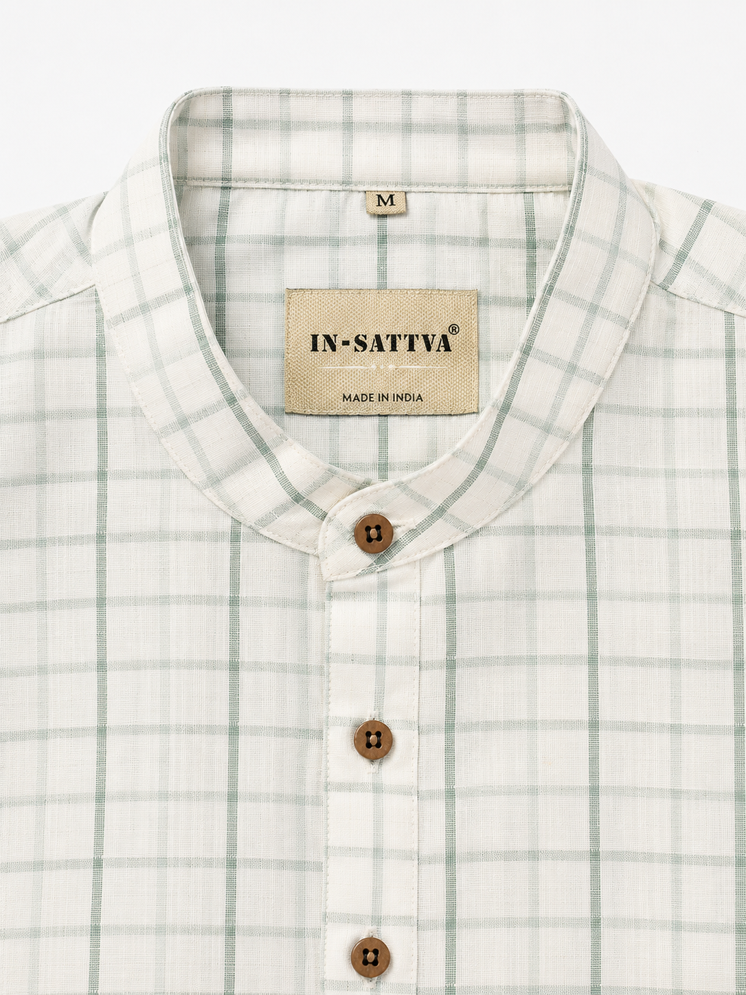 In-Sattva Men's Classic Cotton Checkered Sattva-Collar Thigh-Length Kurta Tunic; Checkered Green