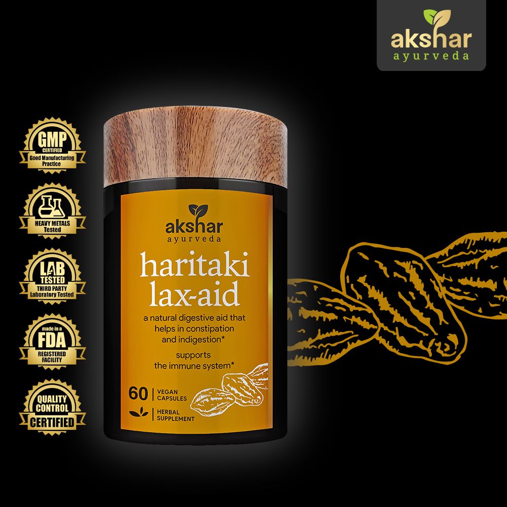 Akshar Ayurveda Haritaki 500mg supplement, 60 vegan tablets with Ayurvedic ingredient and quality certifications
