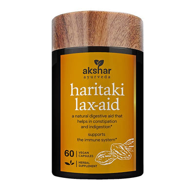 Front pack shot of Akshar Ayurveda Haritaki 500mg supplement, 60 vegan tablets