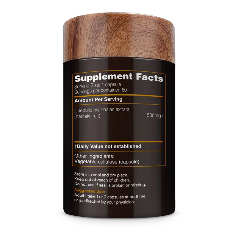 Akshar Ayurveda Haritaki 500mg supplement, 60 vegan tablets Supplement Facts label and usage directions