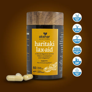 Akshar Ayurveda Haritaki 500mg supplement, 60 vegan tablets with vegan quality certification icons