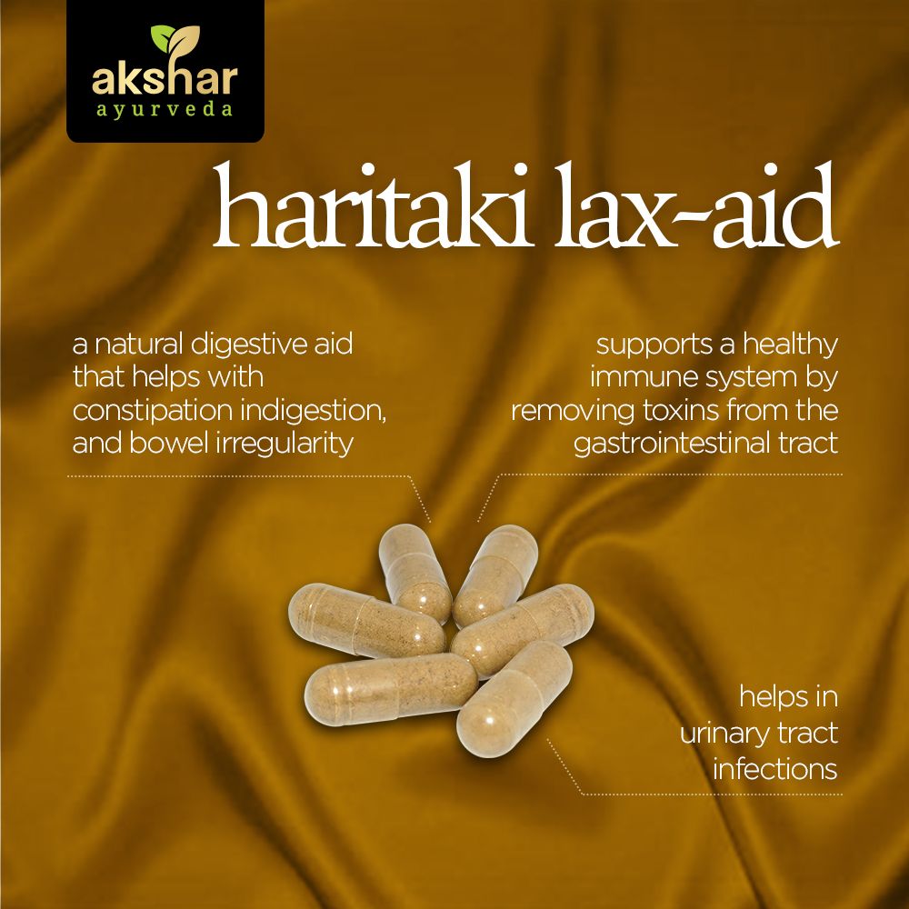 Akshar Ayurveda Haritaki 500mg supplement, 60 vegan tablets benefits infographic for digestion and regularity support