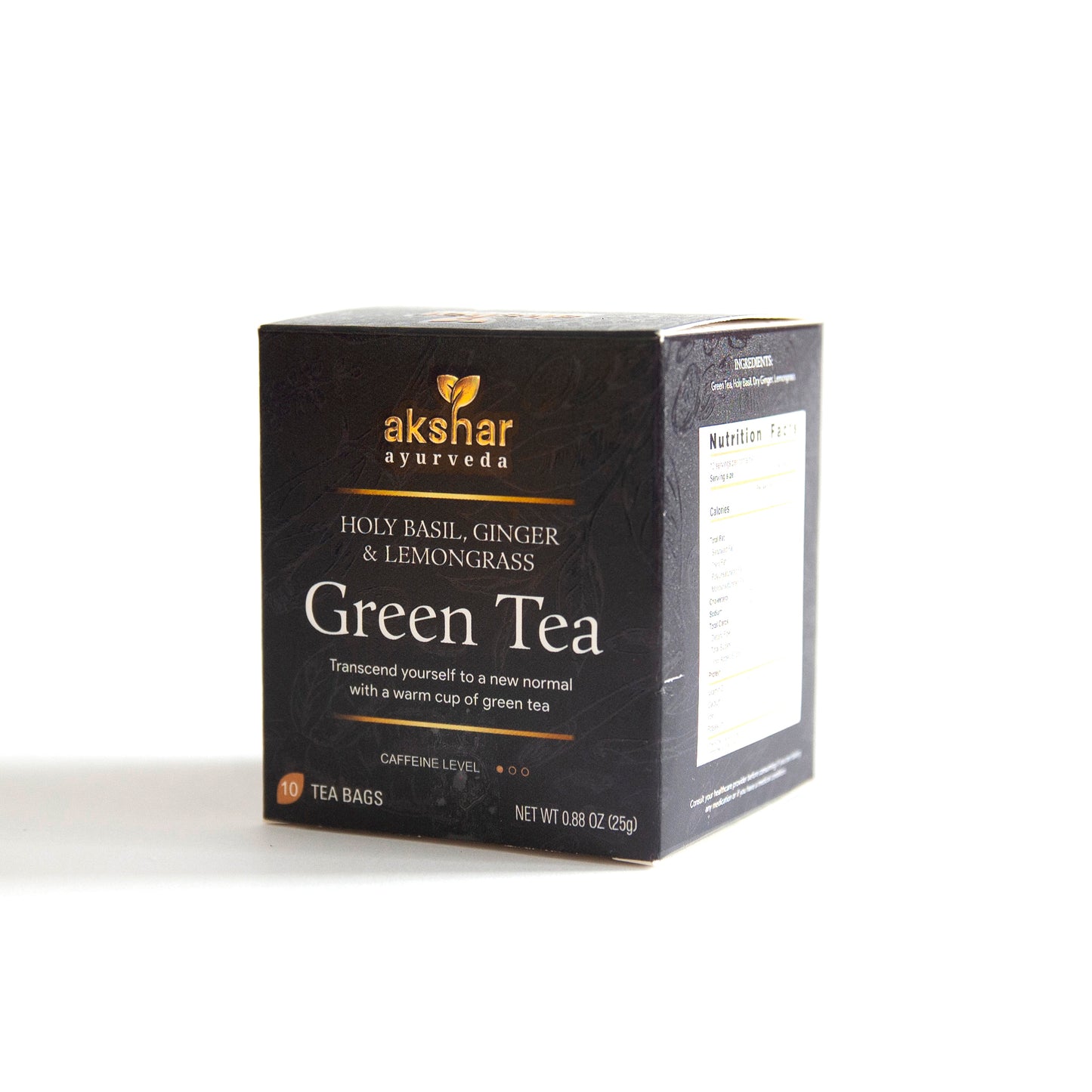 Akshar Ayurveda Holy Basil Ginger Lemongrass Herbal Tea, 10 tea bags retail packaging box, front and side view