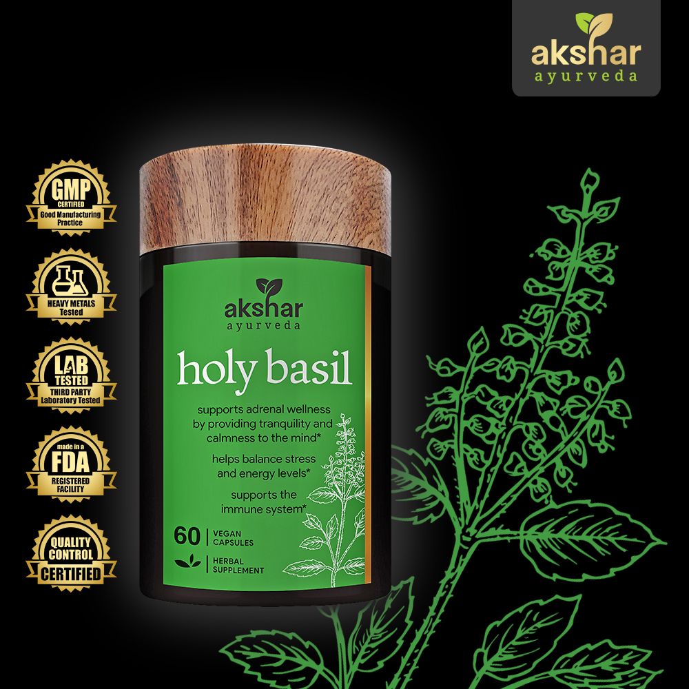 Akshar Ayurveda Holy Basil Tulsi 500mg supplement, 60 vegan tablets with Ayurvedic ingredient and quality certifications
