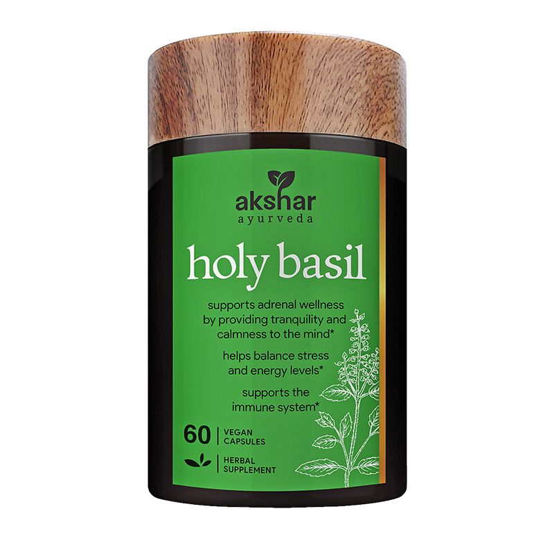 Front pack shot of Akshar Ayurveda Holy Basil Tulsi 500mg supplement, 60 vegan tablets
