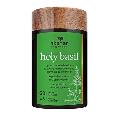 Front pack shot of Akshar Ayurveda Holy Basil Tulsi 500mg supplement, 60 vegan tablets