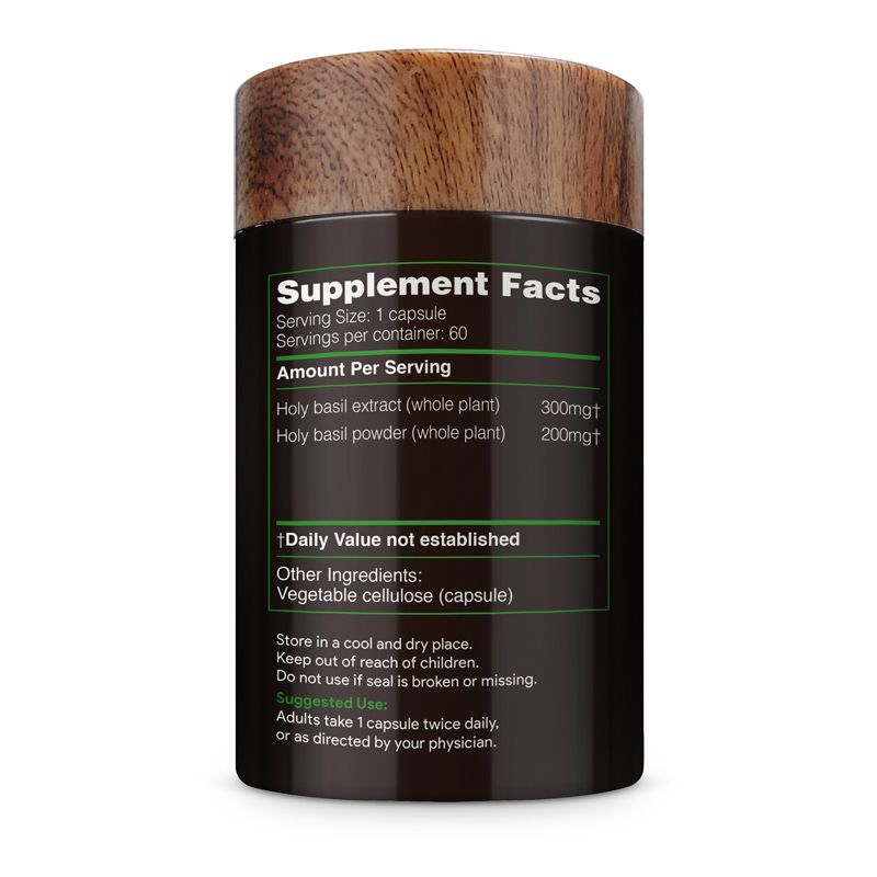 Akshar Ayurveda Holy Basil Tulsi 500mg supplement, 60 vegan tablets Supplement Facts label and usage directions