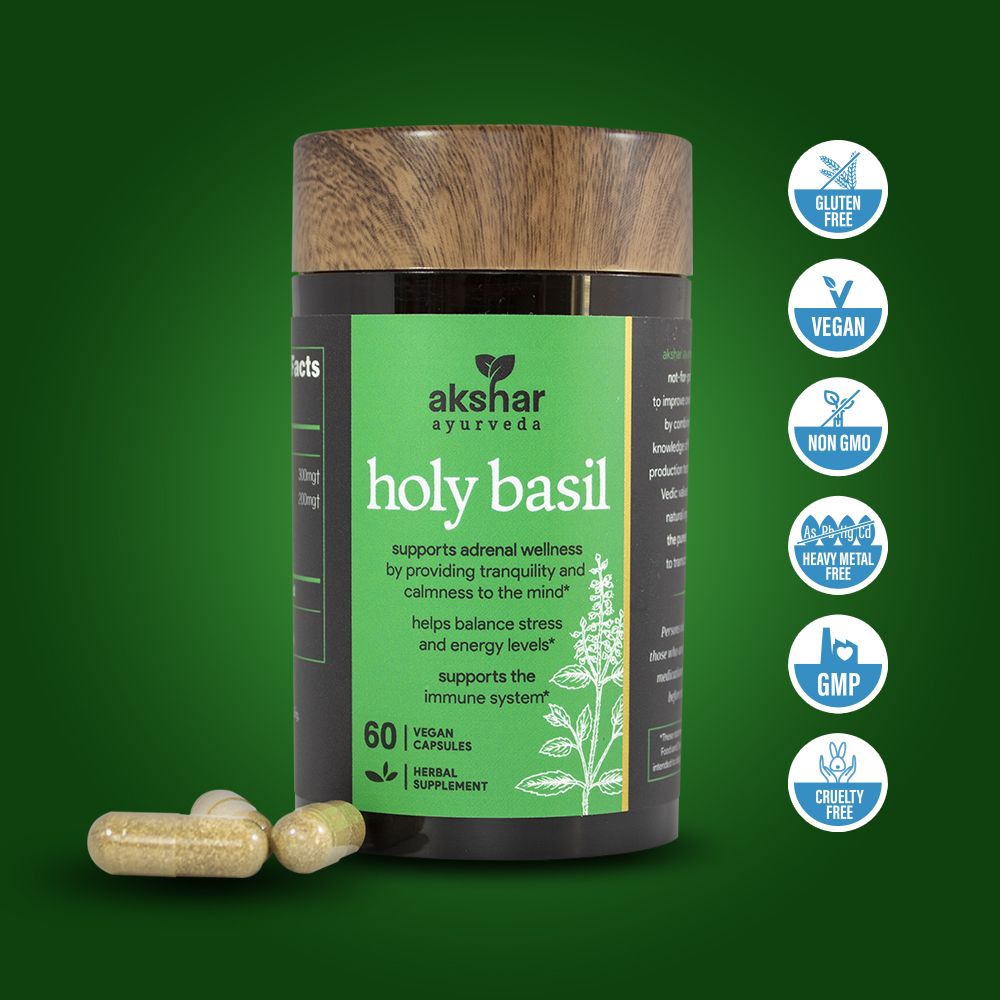 Akshar Ayurveda Holy Basil Tulsi 500mg supplement, 60 vegan tablets with vegan quality certification icons