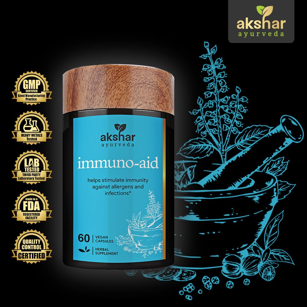 Akshar Ayurveda Immuno Aid 500mg herbal supplement, 60 vegan tablets with Ayurvedic ingredient and quality certifications