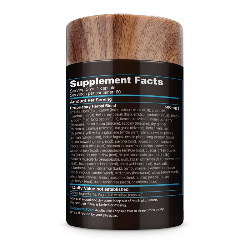 Akshar Ayurveda Immuno Aid 500mg herbal supplement, 60 vegan tablets Supplement Facts label and usage directions