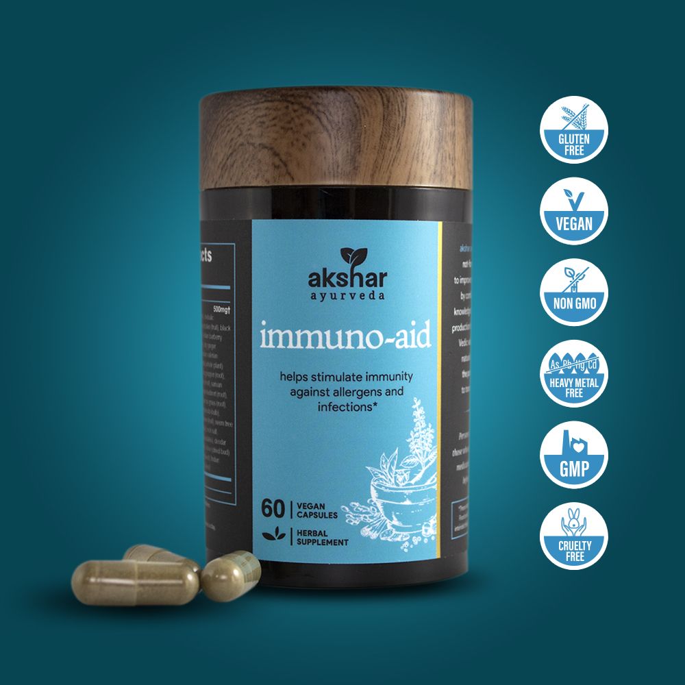 Akshar Ayurveda Immuno Aid 500mg herbal supplement, 60 vegan tablets with vegan quality certification icons
