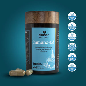 Akshar Ayurveda Immuno Aid 500mg herbal supplement, 60 vegan tablets with vegan quality certification icons