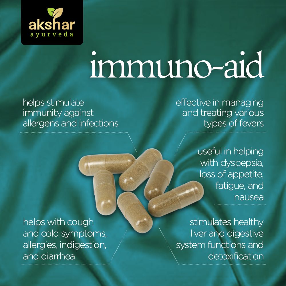 Akshar Ayurveda Immuno Aid 500mg herbal supplement, 60 vegan tablets benefits infographic for immune and allergy wellness support