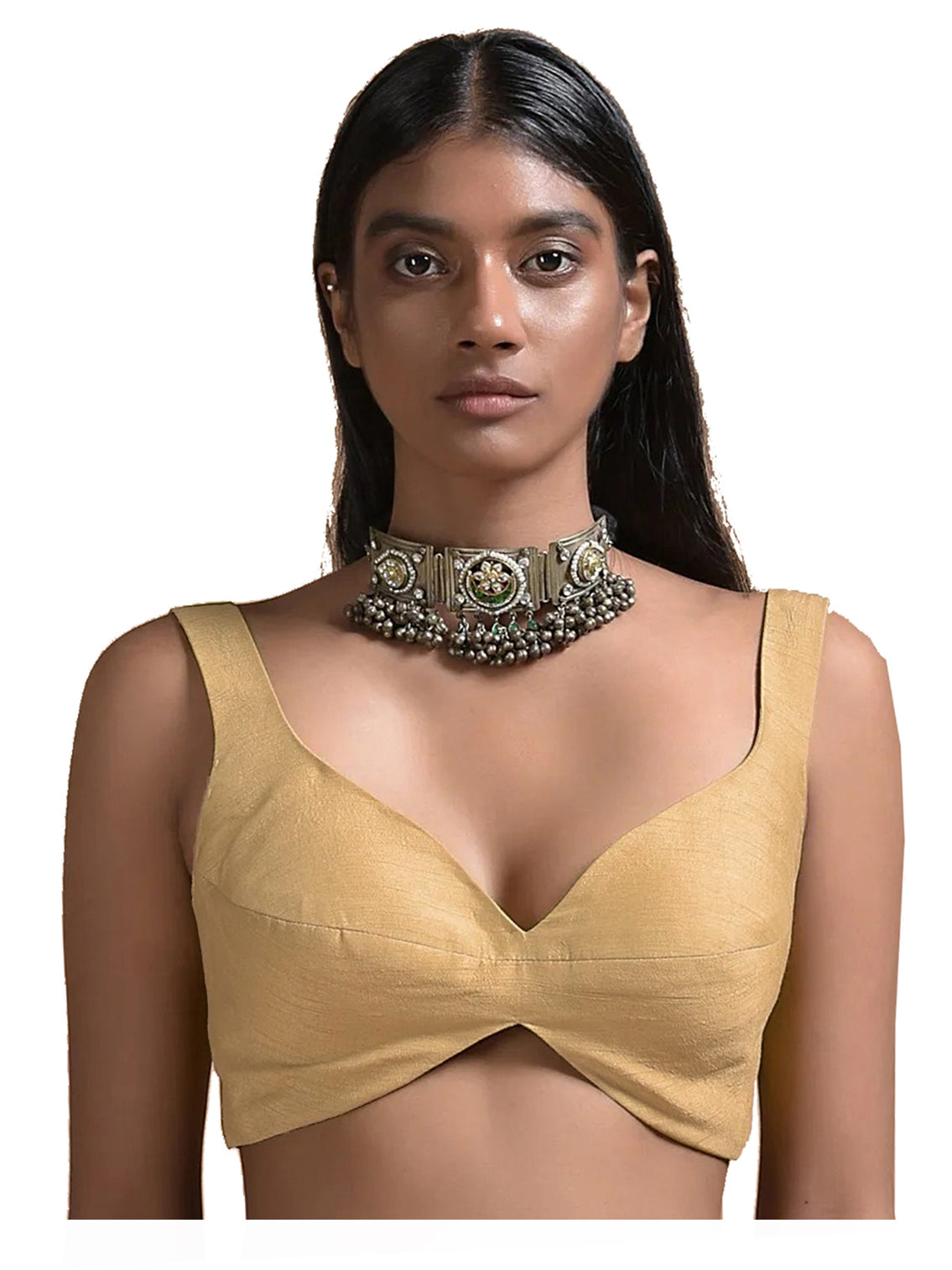 Alternate photograph of Caramel Gold Silk Strap V-Neck Blouse, with attention to the overall cut and V neckline.